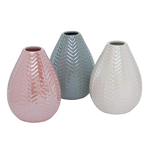 Juego de 3 jarrones decorativos de cerámica con efecto perlado y estructura, color blanco, rosa y gris, 19,5 cm de altura, 14 cm de diámetro