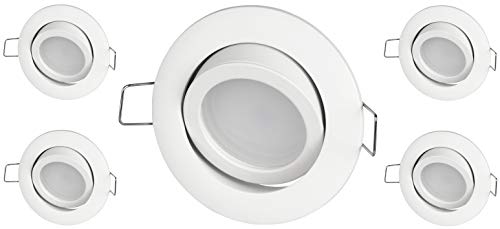 Juego de 5 focos LED empotrables de aluminio, 230 V, 110 ° orientable, 3 niveles de intensidad regulable mediante interruptor, blanco cálido (3000 K)