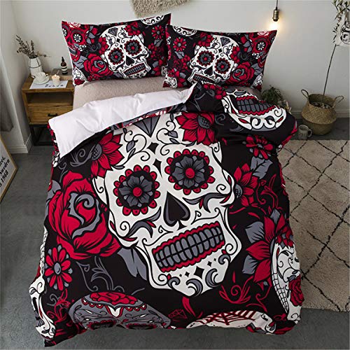 Juego de ropa de cama Sugar Skull Rojo Girasol y edredón de calavera Funda nórdica para Halloween Esqueleto gótico Skullon Decoración Juego de cama con 1 fundas de almohada Tamaño doble 220X240cm