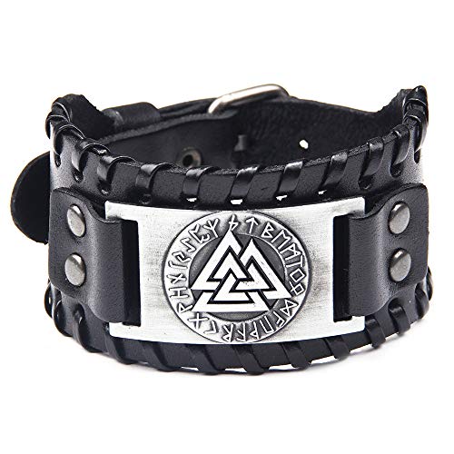 Juland Cuerda Punk Trenzada Pulsera de aleación Pulsera Brazalete Pulsera de Cuero Genuino Tótem Vikingo de puño para Hombre Abrigo Ancho Ajustable - Negro