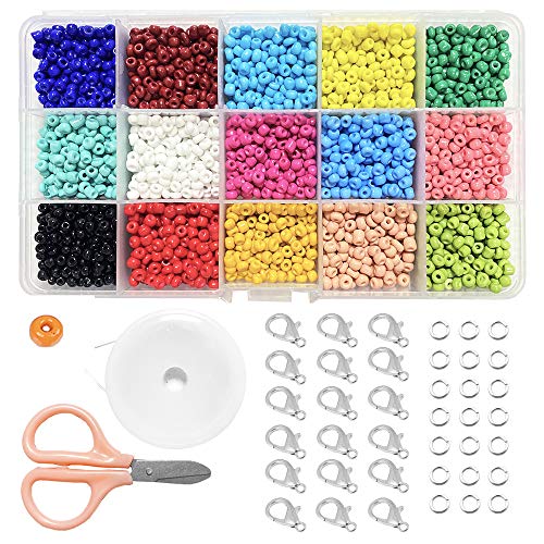 Juland - Juego de cuentas de 15 colores de 4 mm, mini cuentas de color opaco, redondas, cuentas de color arcoíris con caja de contenedores, hilo elástico, anillos, cierres de garra, etc.