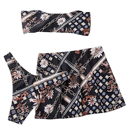 Keepwin Bikinis Mujer Sexy Brasileñas Vintage Floral 3 Piezas Bandeau y Tanga y Falda Conjuntos Ropa de Baño Mujer Push Up Trajes de Baño Bañador Natacion (Negro, Small)