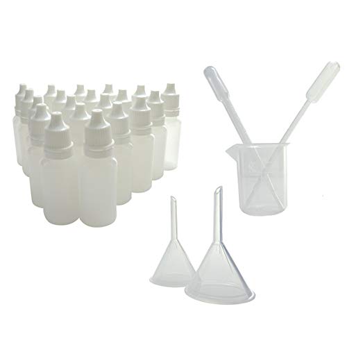 KENZIUM - Pack de 20 Frascos Cuentagotas de 15 ml + 1 Vaso Dosificador + 2 Embudos + 2 Pipetas de Laboratorio