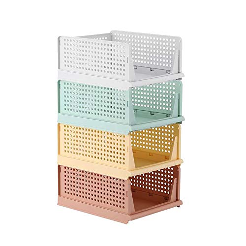 Kertou Juego de 4 organizadores apilables de plástico para armario, cesta para estanterías, cajas organizadoras, perfecto para dormitorio y cocina, caja de almacenamiento plegable para cajones