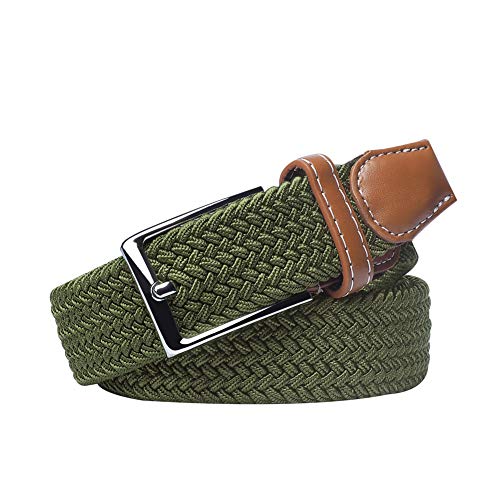 KEYNAT Cinturón Elástico Trenzado Hombre Mujeres con Cuero Hebilla Metal 115 * 3.4cm Unisex Cinturón Estiramiento Tejido para Casual Pantalones, Jeans (Verde)