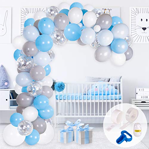 Kit Arco y Guirnalda de Globos | Globos color Azul, Blanco, Gris y Plateado | Ata Globos, Cinta para Globos y Gotitas Adhesivas | Para Cumpleaños, Baby Showers o Bautizos para Hombres y Niños