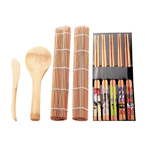 Kit De Fabricación De Sushi De Bambú, Artilugio De Sushi Casero, Alfombrilla De Bambú Para Sushi, 2 Esterillas, 5 Pares De Palillos, Cuchara, Hoja De Sushi