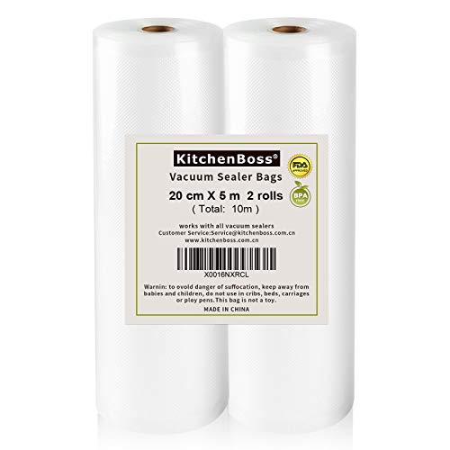 KitchenBoss Bolsas de Vacío 2 Rolls 20x500cm para Almacenaje de Alimentos, Sous Vide Cocina, BPA Free