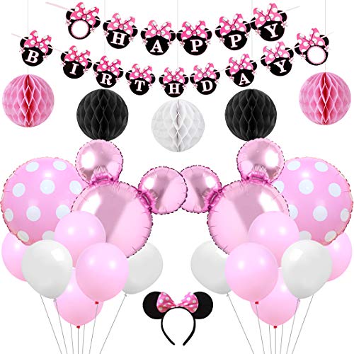 Kreatwow Rosa Minnie temática Fiesta Suministros Decoraciones Minnie Feliz cumpleaños Banner Diadema para 1er 2do 3er cumpleaños Baby Shower