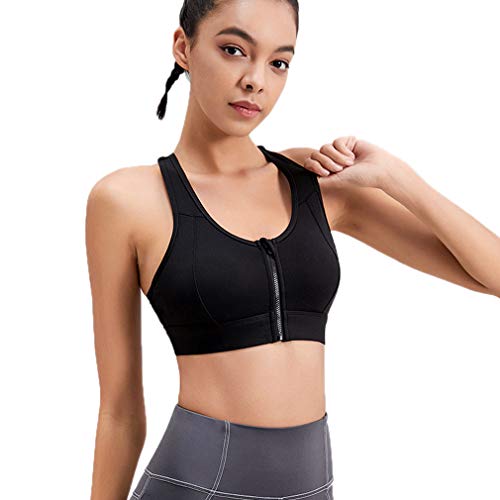 KXDN Mujer Cremallera Frontal Sostén Deportivo, Espalda Cruzada Yoga Fitness Sujetador Sin Mangas De La Camiseta del Estiramiento Elástico Superior Corto Suave Absorción De Choque,Negro,L