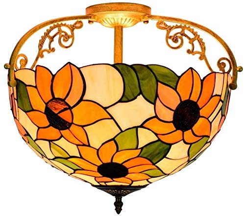 Lámpara De Accesorio De Techo Estilo Tiffany Montaje Semi Empotrado Pantalla De Vidrieras con Forma De Flor De Sol De 16 Pulgadas para Comedor, 3 Bombillas De Montaje, Luz Colgante De Misión