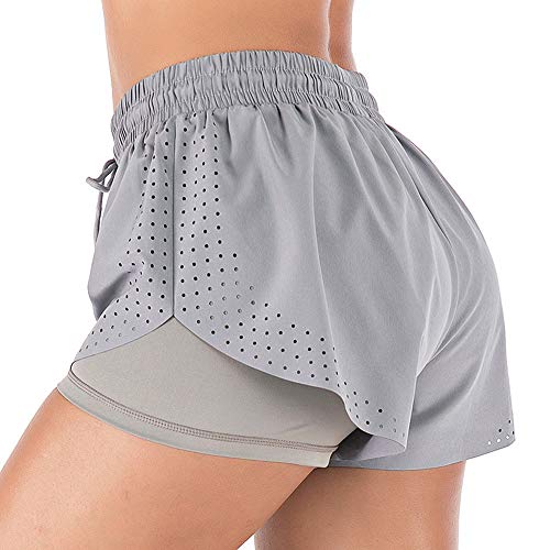 LANDENG Pantalones Cortos Deportivos para Mujer Tablero 2 En 1 Traje Baño Verano Novedad Inferior Entrenamiento Deportivos Doble Capa Secado Rápido para Actividades Al Aire Libre Playa,Gris,M