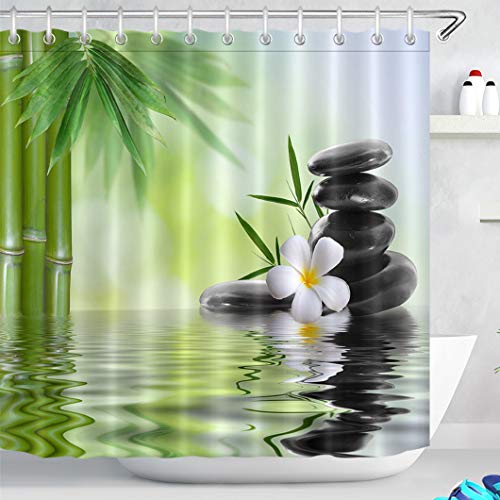 LB SPA Cortina de Ducha con Ganchos,Piedras Negras Orquídeas Bambú Cortina de baño de Agua 180W x180H CM,Tejido de poliéster Anti-Moho Resistente al Agua