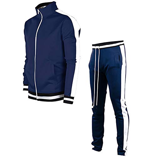 LeerKing Ropa Deportiva para Hombre Niños Chándal Deportivos de Poliéster Pantalones de Jogging con Cordón y Chaqueta con Cremallera y Cuello Alto para Ejercicio de Rutina Gimnasio Fitness, Azul XXL