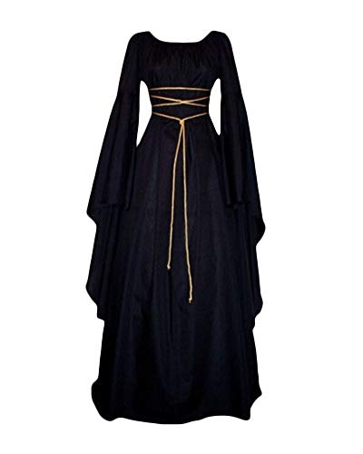 Liangzhu Vintage Halloween medieval retro Falda de talle alto de manga larga cóctel informal oscilación Vestido Negro De las mujeres Negro XXL