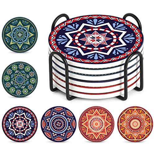 LIFVER Portavasos Conjunto de 6 Posavasos de cerámica con piedra absorbente de corcho, Diseño premium Taza de bebida de café, 10cm