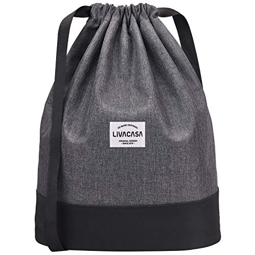 LIVACASA Mochilas de Cuerdas Hombre Mujer Grandes Bolsas de Cuerdas Gimnasio Cordones Gruesas Ajustable Extra Bolsillo Trasero Impermeable 13L Gris