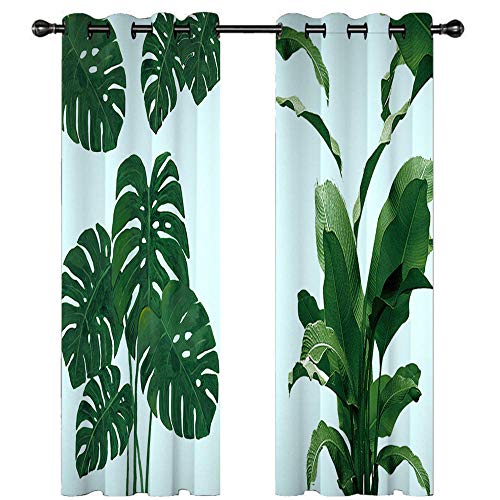 LLKKCX 2 Piezas de Cortinas Opacas Resistente al Calor y La Luz Reducción de Ruido Azul Cortinas Opacas-Patrón de Hoja de plátano Verde,para Salón Dormitorio/Oficina,2x85x200cm(Ancho x Alto)