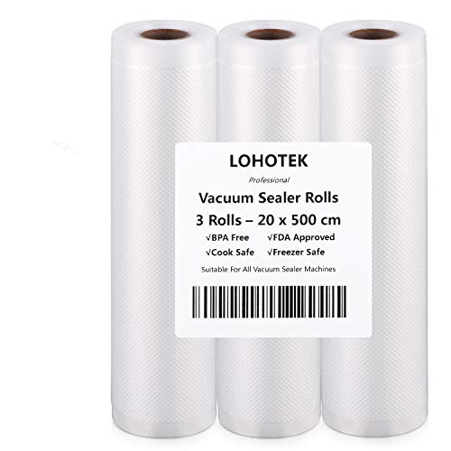 LOHOTEK Bolsas al Vacio, Rollos para Envasadora Sellador de Vacío 3 Rollos 20 x 500cm Bolsas Profesional para la Conservación de Alimentos Protector la Comida para Cocina