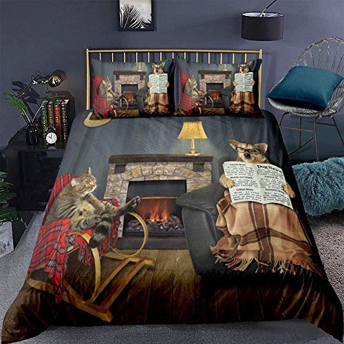 Lvvsovs® Juego De Ropa De Cama Funda De Edredón, Lindo Animal Gracioso Gato y Perro Pareja Individual 150 x 200 cm 3D Imprimiendo Cremallera Funda Nórdica Y 2 Fundas De Almohada, para Familias Y Niño