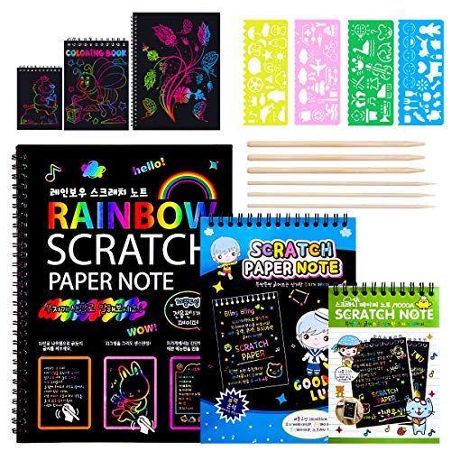 MELLIEX 3 Piezas Scratch Art Paper Notebook, Kit de Manualidades de Papel de Arte de Rascar para Niños Adultos con Regla de Dibujo y Plumas de Madera