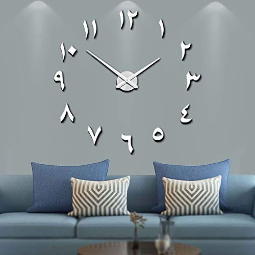 Mintime Mute DIY Reloj de Pared Grande sin Marco números arábigos 3D Espejo calcomanía decoración del hogar la Oficina (Plata)