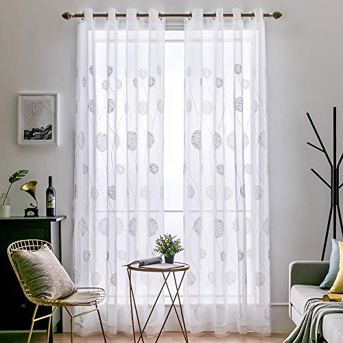 MIULEE 2 Piezas Cortinas Bordado Translucida de Dormitorio Moderno Ventana Visillos Rayas Salon Paneles con Ojales Plateados para Sala Cuarto Comedor Salon Cocina Habitación 140x245cm Hortensia Blanca