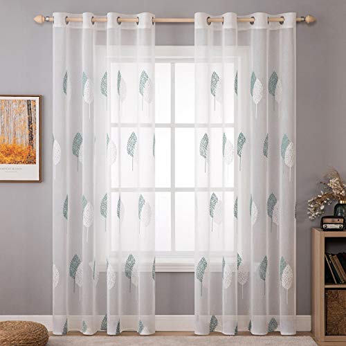 MIULEE 2 Unidades Cortinas Bordado Translucida de Dormitorio Moderno Ventana Visillos Rayas Salon Paneles con Ojales Plateados para Sala Cuarto Comedor Salon Cocina Habitación 140x225 cm Azul