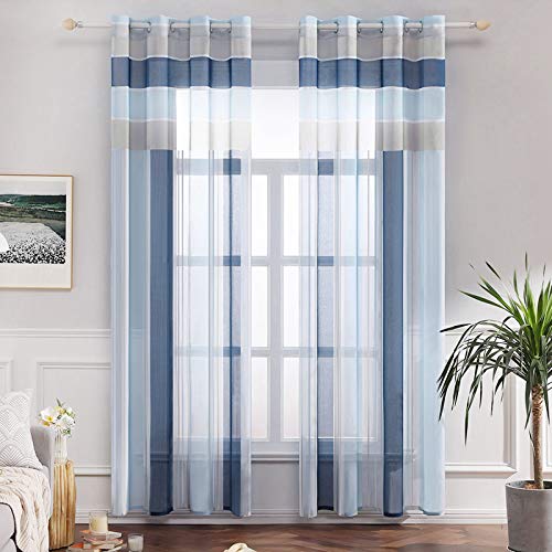 MIULEE Cortina Bordada Translucida de Dormitorio Moderno Visillo Rayado Paneles con Ojales Plateados para Ventana Salón Comedor Sala de Estar Cocina Dormitorio 140x260 cm Celeste y Azul Oscuro