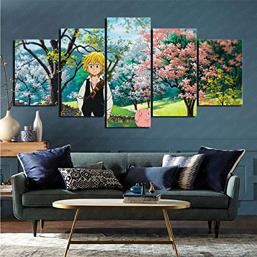 mmkow Lienzo de Pared 5 Piezas de Personajes de Anime Los Siete pecados Capitales Decoración artística enmarcada 80x150cm (Marco)