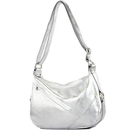 modamoda de - ital bolsa de hombro/hombro hecha de cuero T164, Color:metálica de plata