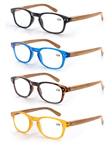 MODFANS Un pack de 4 gafas de lectura 1.75 para Hombres/Mujeres - Lente Clara,Vision Clara,Efecto Madera - Moda,Practicas,Ligeras,Comodas,Colores Negro-Azul-Marron-Amarillo