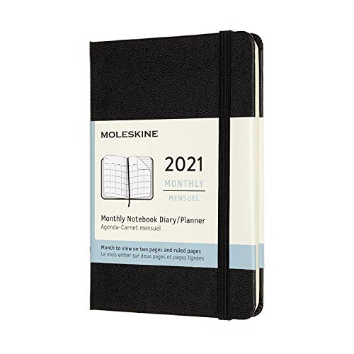 Moleskine - Agenda Mensual 2021, Agenda de 12 Meses, un Mes por Página, Tapa Dura, Tamaño de Bolsillo de 9 x 14 cm, Color Negro, 128 Páginas