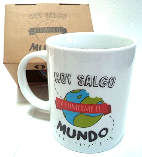 Mug de porcelana"Hoy salgo a comerme el mundo". Capacidad: 360 cc.Medidas: 12x8x10(altura) cms. aprox.