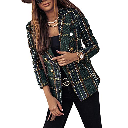 Mujer Blazer a Cuadros,Chaqueta De Traje Corto de Manga Larga con Doble Botonadura,Casual Slim Fit Chaqueta Blazer para Negocio Oficina Boda,Elegante Abrigo Cárdigans con Solapa y Bolsillos Verde XL