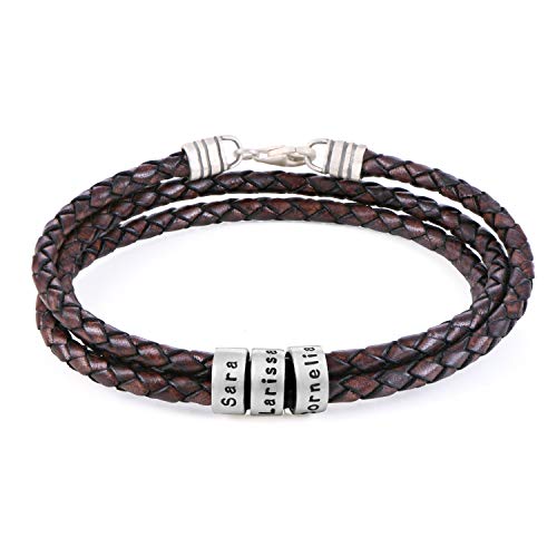 MyNameNecklace Pulsera para Hombre de cuero con Cuentas Personalizadas (Cordón Marrón - Plata de Ley (cuentas))