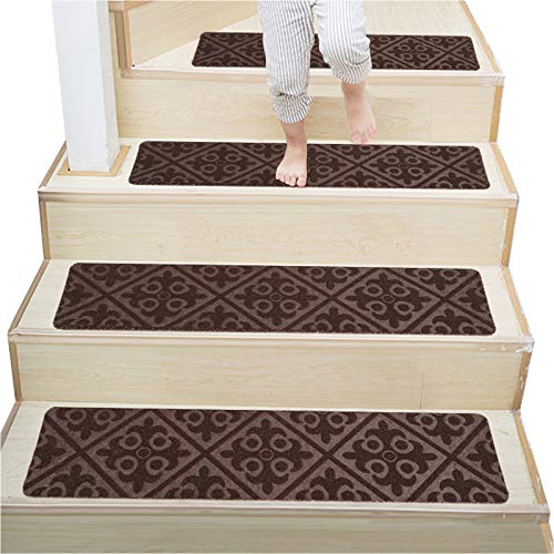 NEWOSTER Paquete de 7 alfombrillas antideslizantes para escaleras 76,2 x 20,3 cm, madera, antideslizantes, interiores, seguridad (marrón,14)