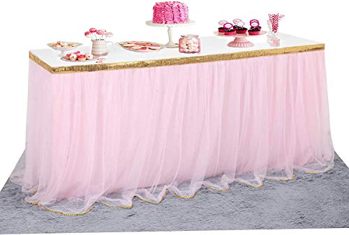 NSSONBEN Falda de mesa de tul rosa con línea dorada para baby shower, niñas, bodas, cumpleaños, cumpleaños infantiles