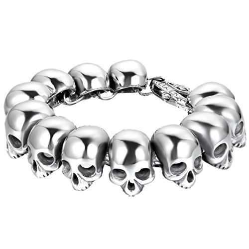 OIDEA Hombre edelsathl Cadena de Bicicleta Pulsera, 2.49 cm de Ancho difícil Grande Cráneo Calavera eslabones Enlace muñeca Pulido Cadena Pulsera Motocicleta Cadena, Plata