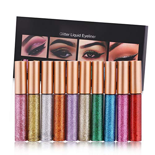 Onewell 10 Colour Shiny Glitter Liquid Eyeliner, Glitter Eyeliners Set High Pigmented, Long Lasting Waterproof Glitter Liquid Eyeliner Eye Shadow Pen for Wedding Party Cosplay Makeup Eye Liner