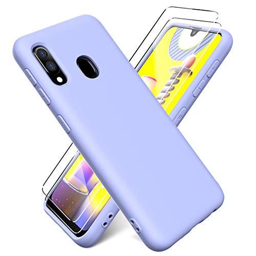 Oududianzi - Funda para Samsung Galaxy A20e + [2 Pack] Protector Pantalla, Carcasa de Silicona Líquida Gel Ultra Suave Funda con tapete de Microfibra Anti-Rasguño - Púrpura