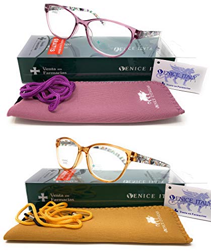 Pack 2ª unidad al 50% New Model última moda Gafas de lectura, presbicia, vista cansada, Diseño en 3 Colores. VENICE LAURENT - Dioptrías: 1 a 3,5 (Azul, 1.00) (Pack de 2 Marron y Lila, 3.00)