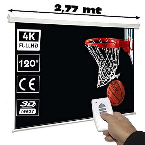 Pantalla de proyeccion motorizada de 120", tela blanca mate de 2,44 x 1,83 metros, cajetin de acero 277 cm, pantalla para proyector electrica con mando inalambrico, compatible 4K (120 pulgadas 4:3)