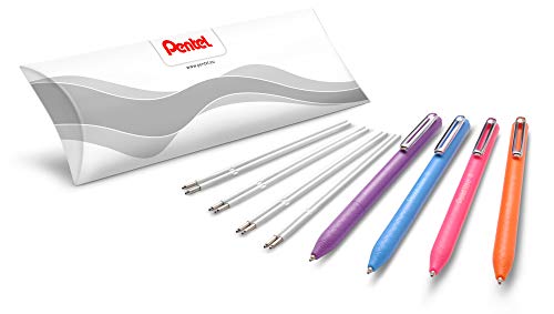 Pentel BX470 iZee - Juego de bolígrafos (4 colores, incluye minas de recambio, diámetro de la bola 1,0 mm), color Naranja/rosa/azul claro/violeta. 4 Stück + Minen