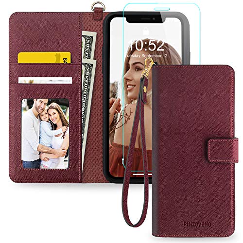 Pinzoveno Funda iPhone 11 Cáscara de TPU Suave Billetera Tapa Flip Correa de Mano Soporte Plegable Ranura Tarjeta Cierre Magnético Carátula de Cartera PU Protector de Pantalla - Vino Tinto