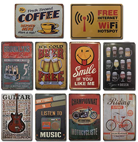 Placas Vintage |. Set de 10 Chapas Decorativas metálicas para pared | Decoración Retro para Salón, Bar, Cafetería, Cocina, Restaurante Oficina | Tamaño 20x30