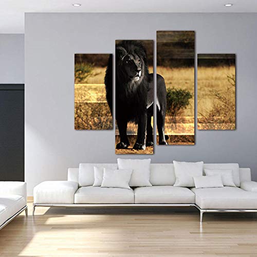 Póster Arte de la pared Imágenes modernas de decoración del hogar 4 paneles León negro Sala de estar Impresión en HD Pintura en lienzo-40x80cmx2 40x100cmx2 Sin marco