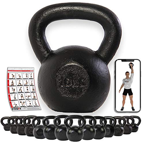 POWRX Pesa Rusa Hierro Fundido 16 kg - Kettlebell con Base Antideslizante + PDF Workout (Negro)