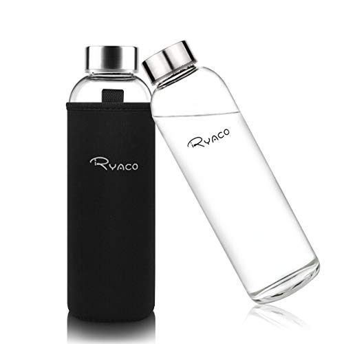 Ryaco Botella de Agua Cristal 550ml, Botella de Agua Reutilizable 18 oz, Sin BPA Antideslizante Protección Neopreno Llevar Manga y Cepillo de Esponja