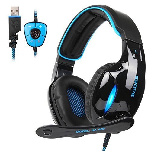 Sades SA902 PC Gaming Headset 7.1 Virtual Surround Stereo conectividad USB Computer Gaming Headset Auriculares con micrófono Volumen para ordenador (Negro & Azul)